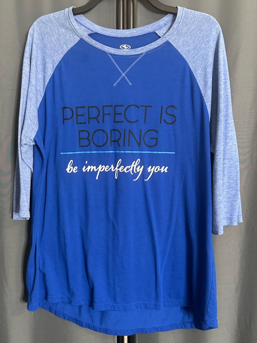 Blue Raglan ‘PERFECT IS BORING be imperfectly you’ 3/4 Sleeve Baseball Tee
